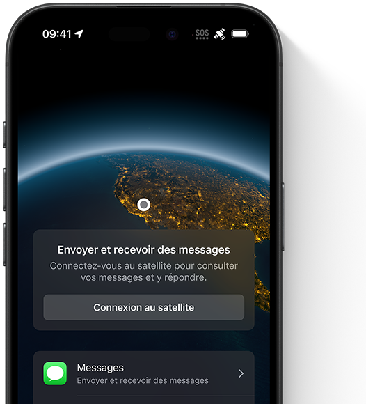 Illustration de la localisation GPS et de la fonctionnalité de messages par satellite sur iPhone 16